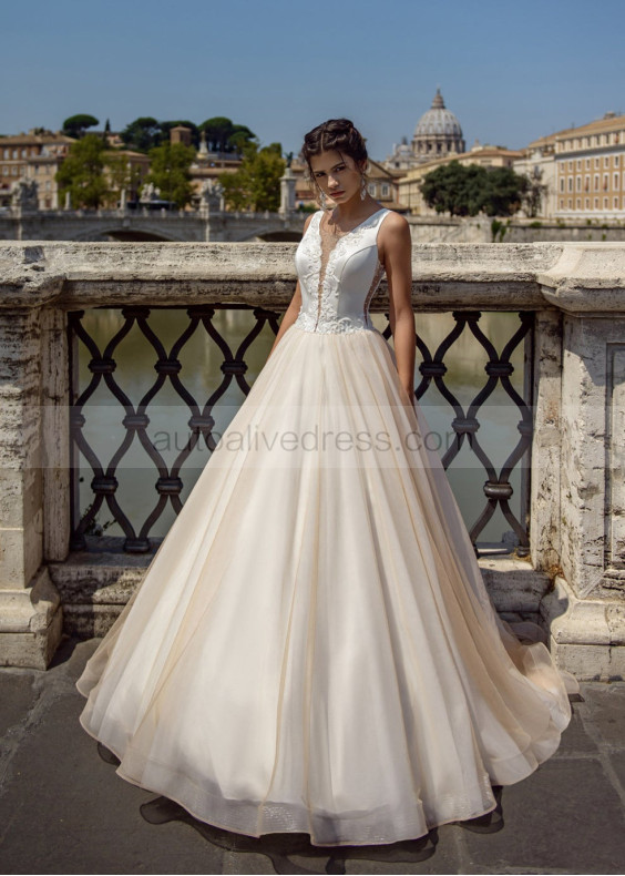 Beaded Ivory Satin Champagne Tulle Wedding Dress